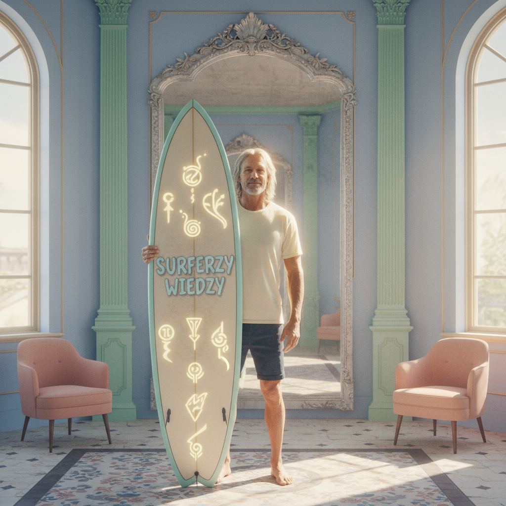 Ilustracja: surfer z deską w łukowym przejściu
