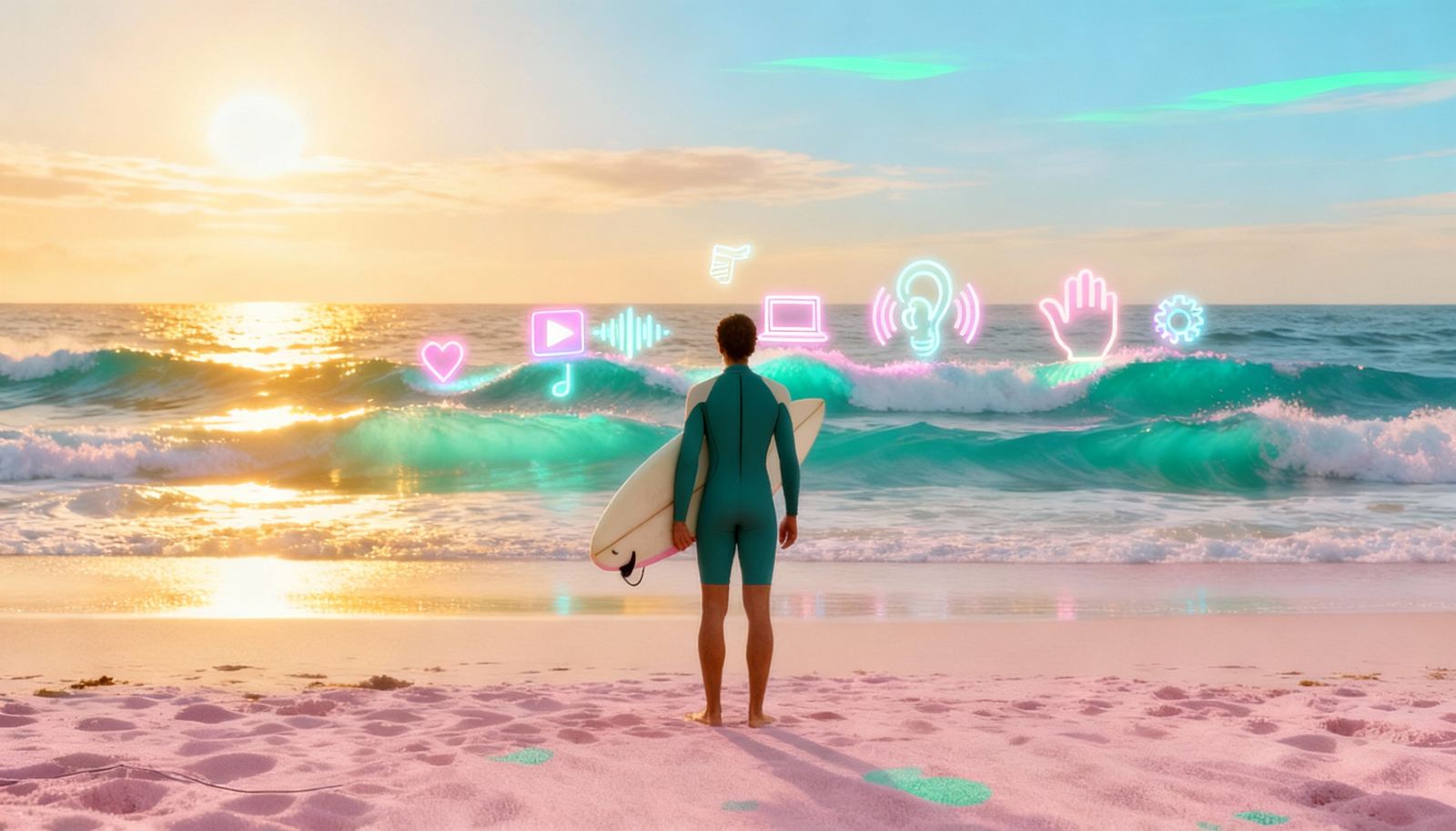 Ilustracja: surfer z deską na plaży o wschodzie słońca, nad falami unoszą się ikony nauki